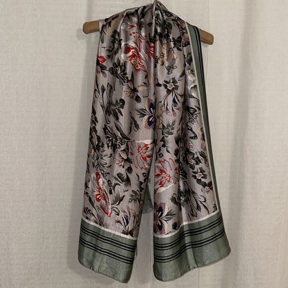 Seafoam Green Red Ivory White Mauve Floral Striped Edge Large Silk Blend Scarf
